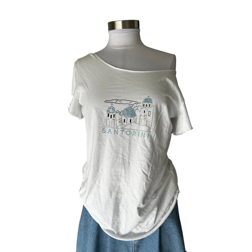 Santorini Euro Graphic Tee Large White Rhinestone Embellished Off Shoulder Shirt